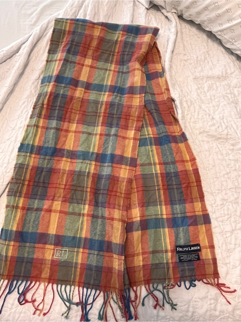 Vintage Ralph Lauren 100% Cashmere Plaid Scarf Made in England RL Fringe